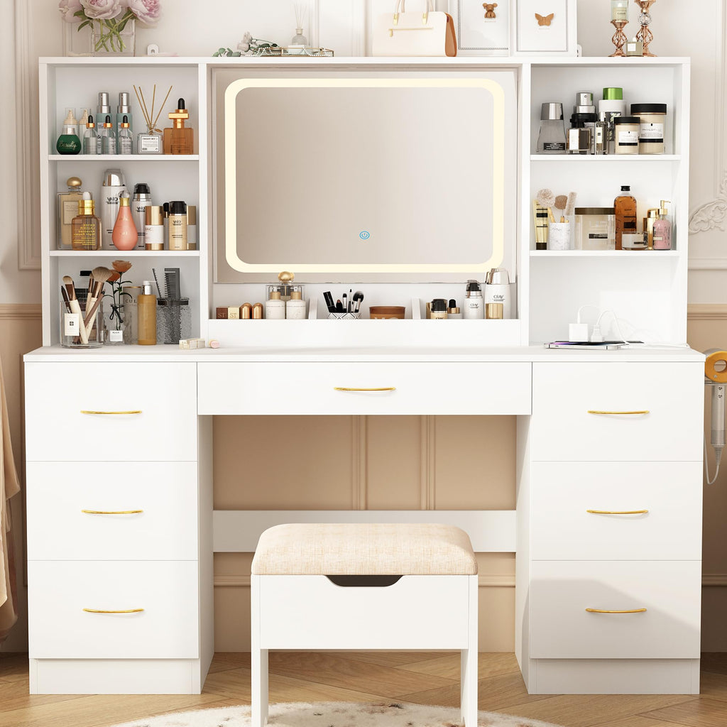 47" White Vanity Desk with Mirror and Lights I727