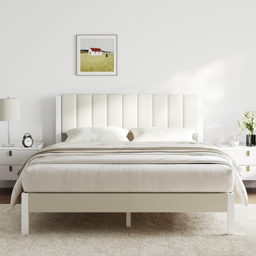 Full Size Metal Platform Bed Frame with Velvet White Headboard C116