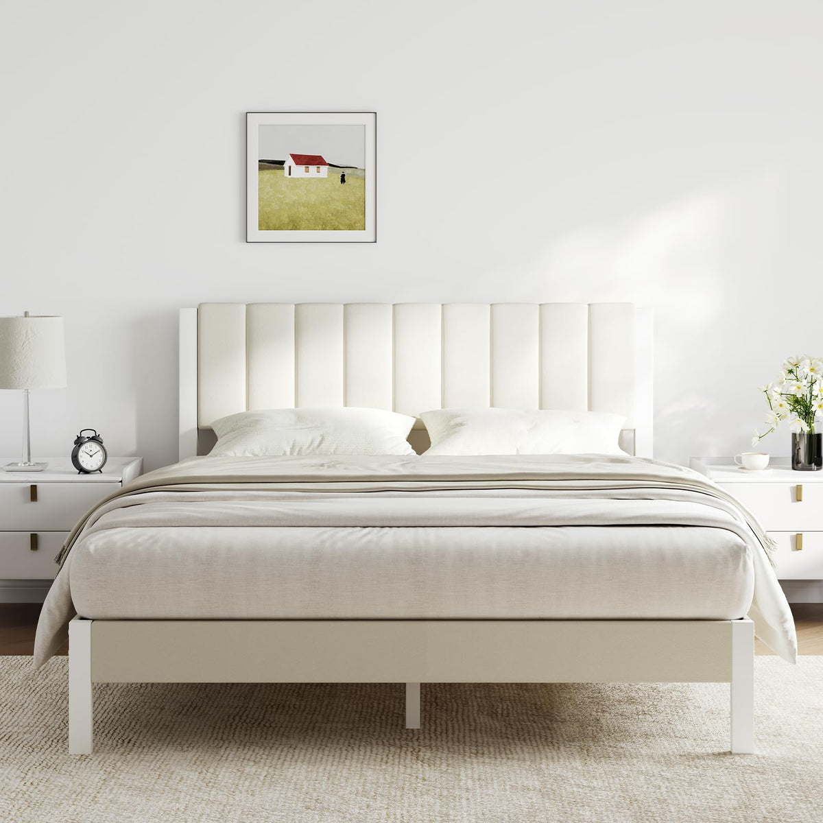 Full Size Metal Platform Bed Frame with Velvet White Headboard C116