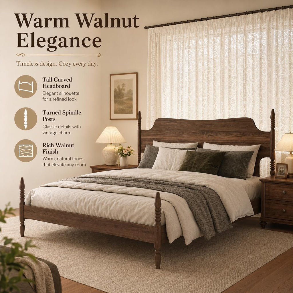 King Size Wood Platform Bed Frame with Curved Headboard T11836