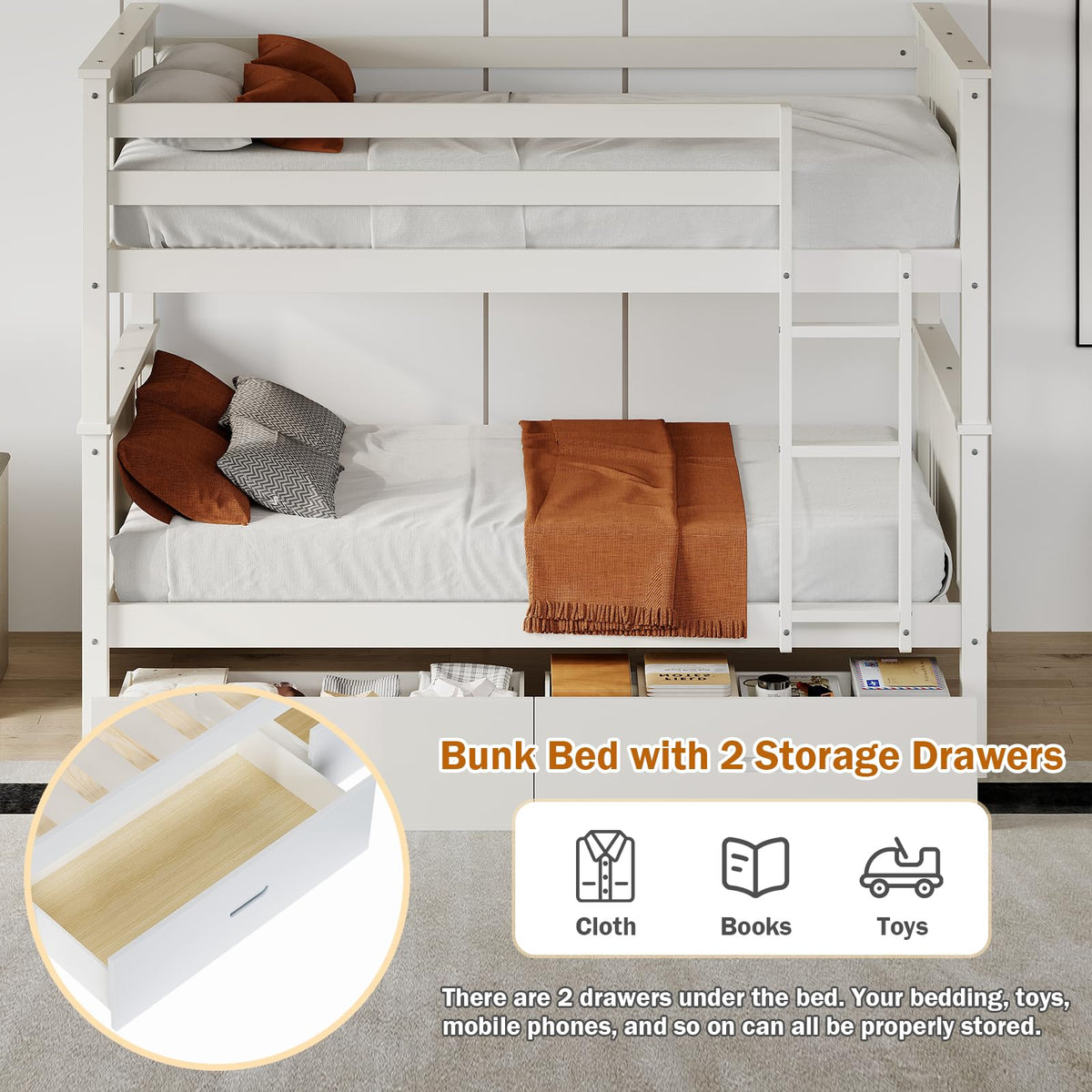 Solid Wood Twin-Over-Twin Bunk Bed with 2 Storage Drawers U13472