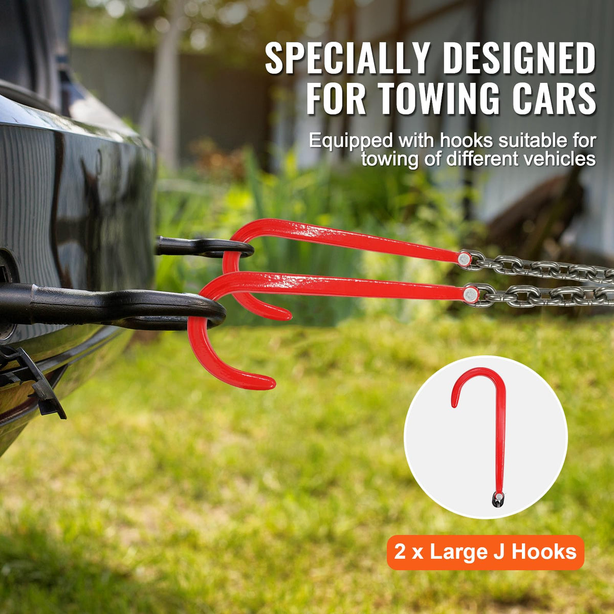 3/8" x 3' G80 V Bridle Towing Chain with J Hooks and Grab Hooks Q9115
