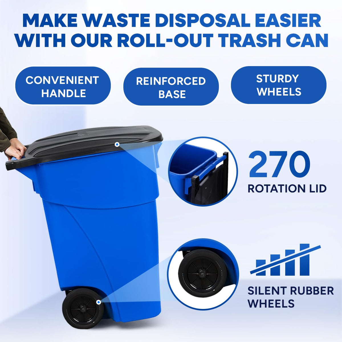 50 Gallon Blue Plastic Trash Can with Lid and Wheels H666950
