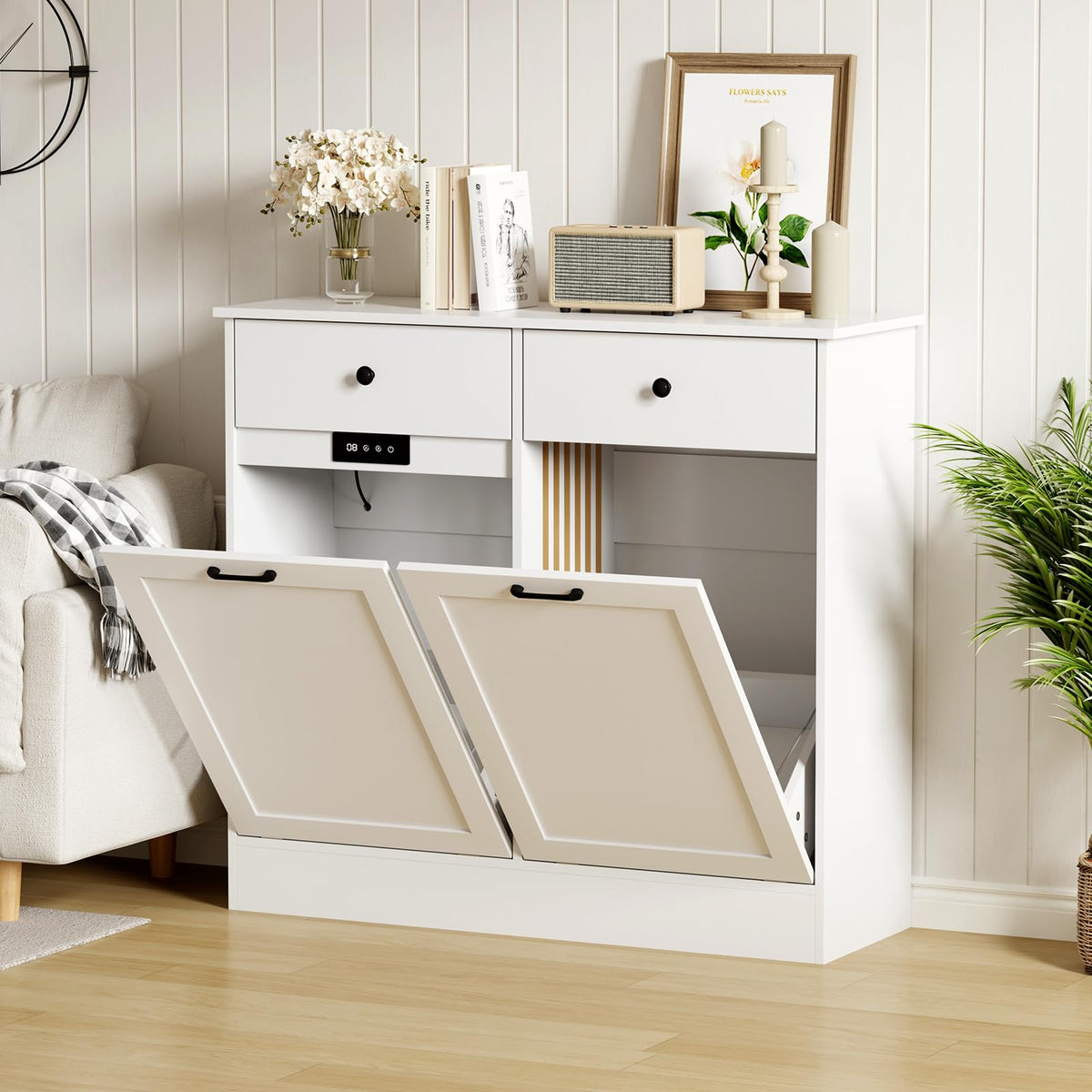 White 20-Gallon Wooden Tilt-Out Trash Can Cabinet N813