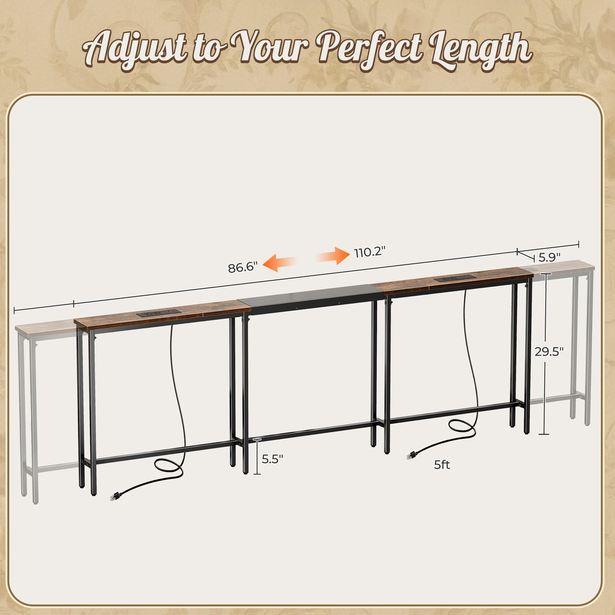 Narrow Sofa Table with 2 Power Outlets and USB-C Port W678