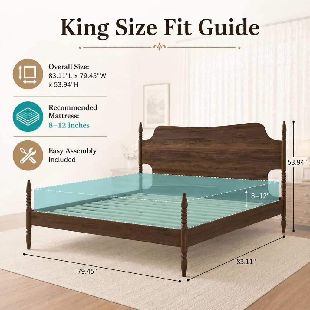 King Size Wood Platform Bed Frame with Curved Headboard T11836