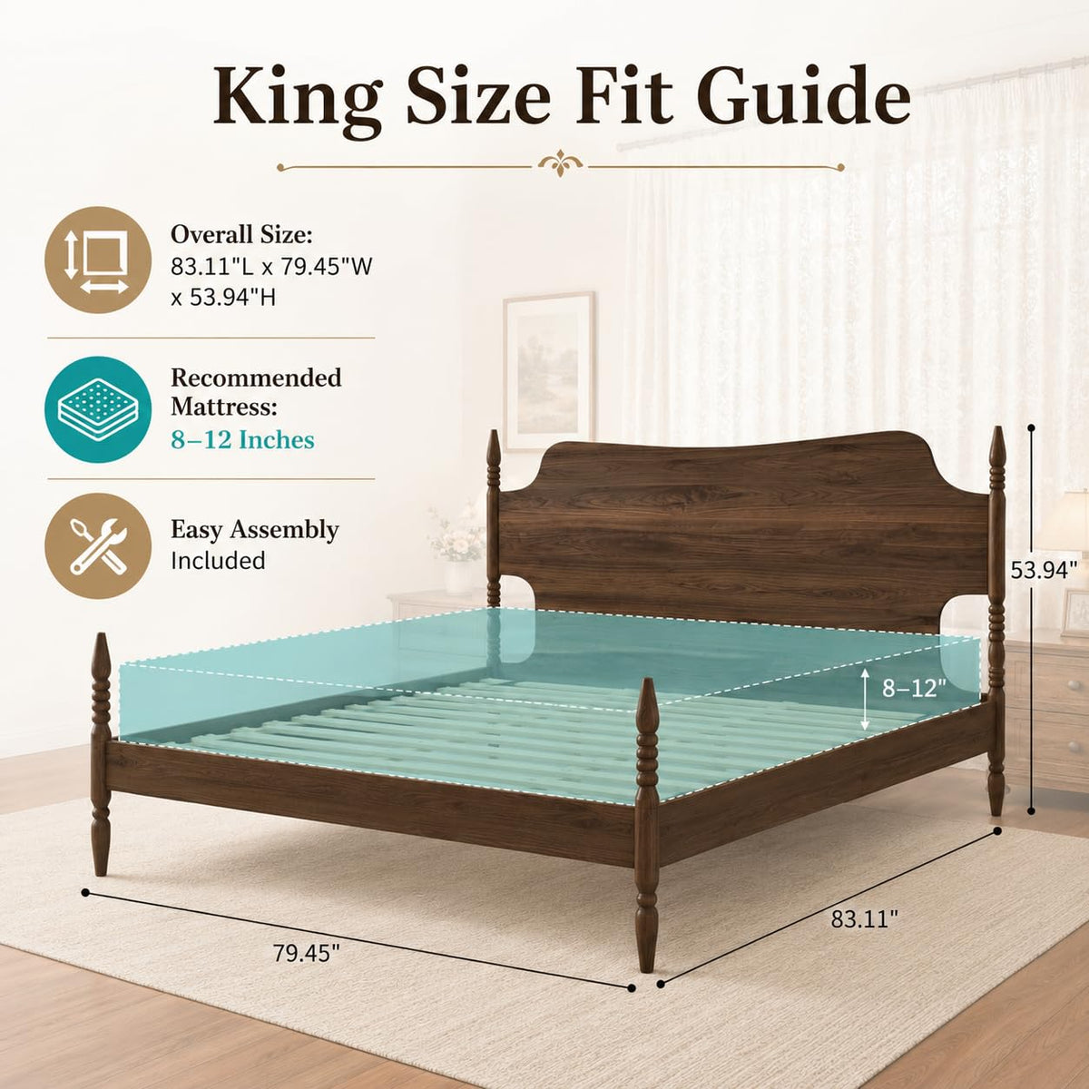 King Size Wood Platform Bed Frame with Curved Headboard T11836