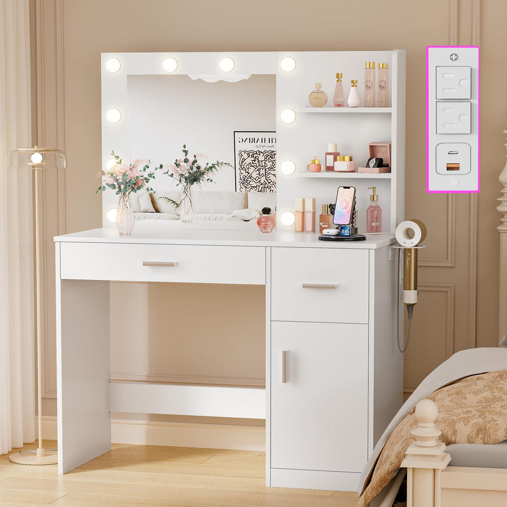 White Vanity Desk with Mirror & Charging Station Q369