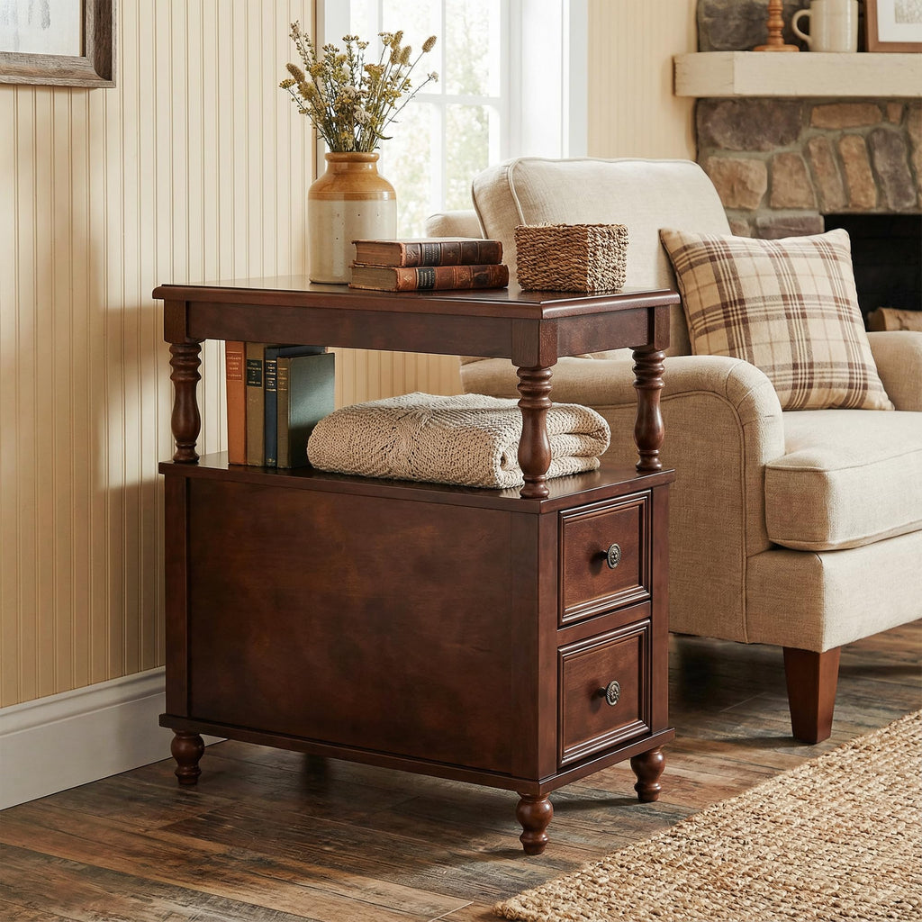 Cherry Finish Wood End Table with 2 Drawers E1144