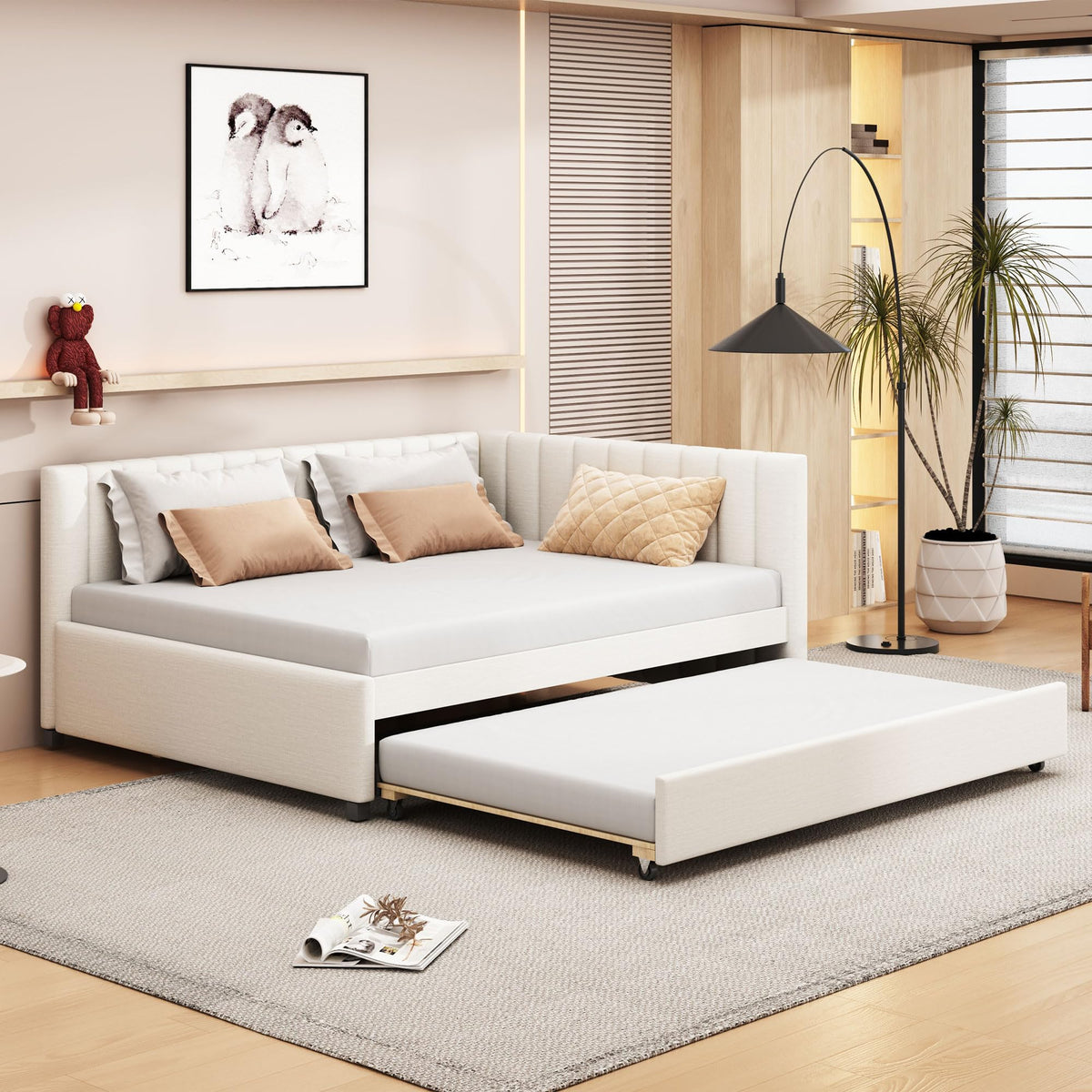 Beige Linen Upholstered Full Daybed with Twin Trundle N931668