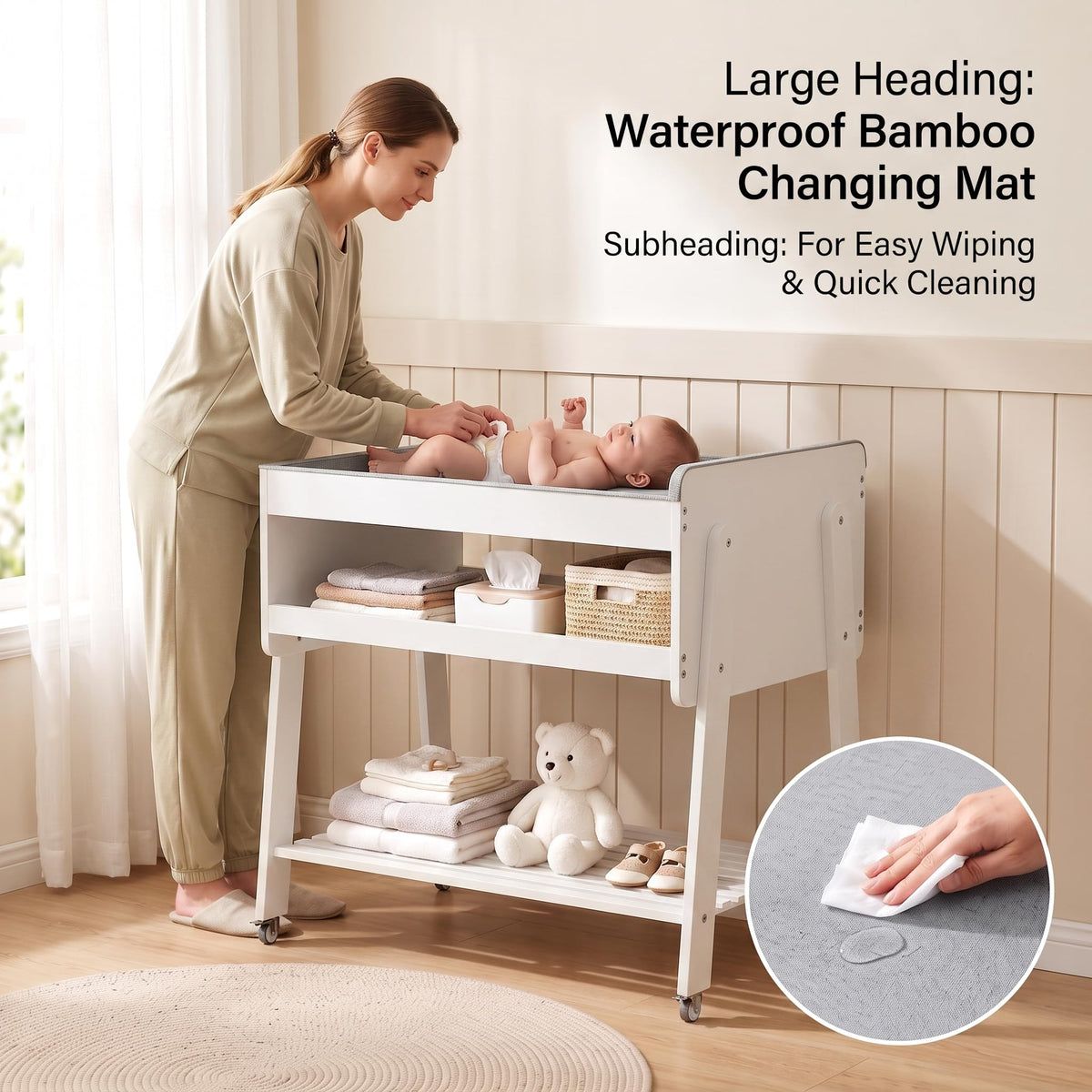 White Baby Changing Table with Wheels and Changing Pad A15148