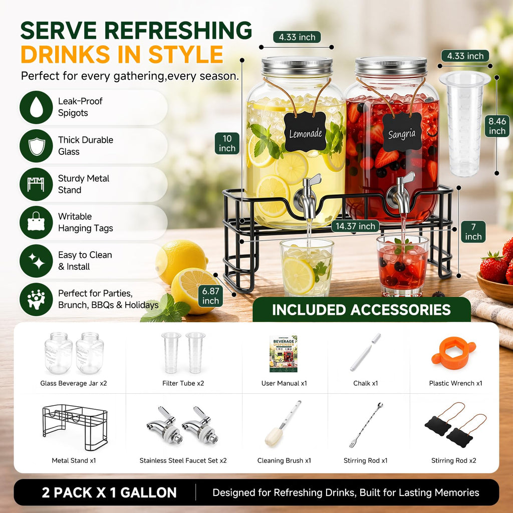 2 PCS 1 Gallon Glass Drink Dispensers with Stand & Fruit Infuser J153