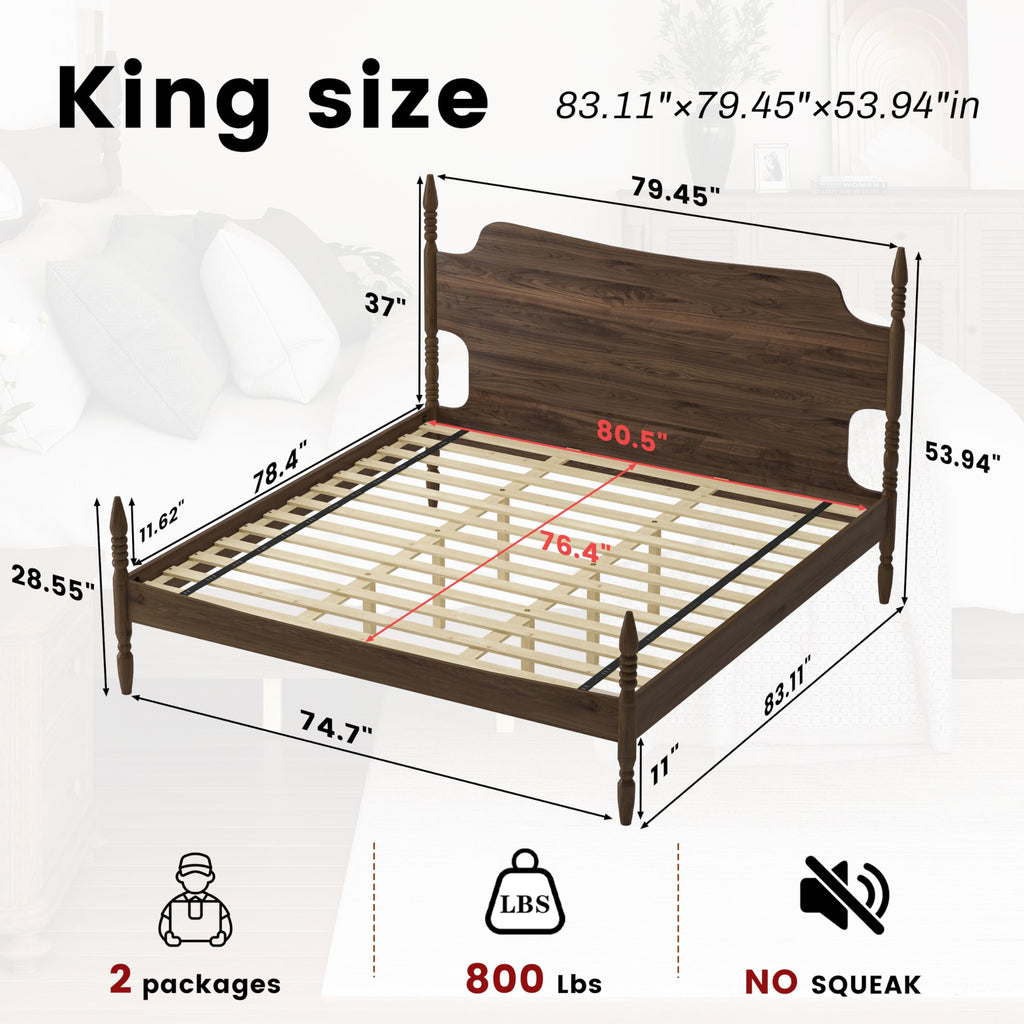 King Size Wood Platform Bed Frame with Curved Headboard T11836