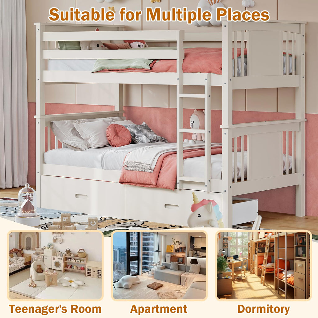 Solid Wood Twin-Over-Twin Bunk Bed with 2 Storage Drawers U13472