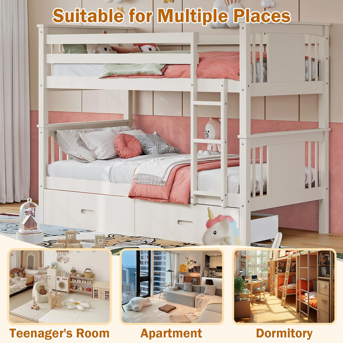 Solid Wood Twin-Over-Twin Bunk Bed with 2 Storage Drawers U13472