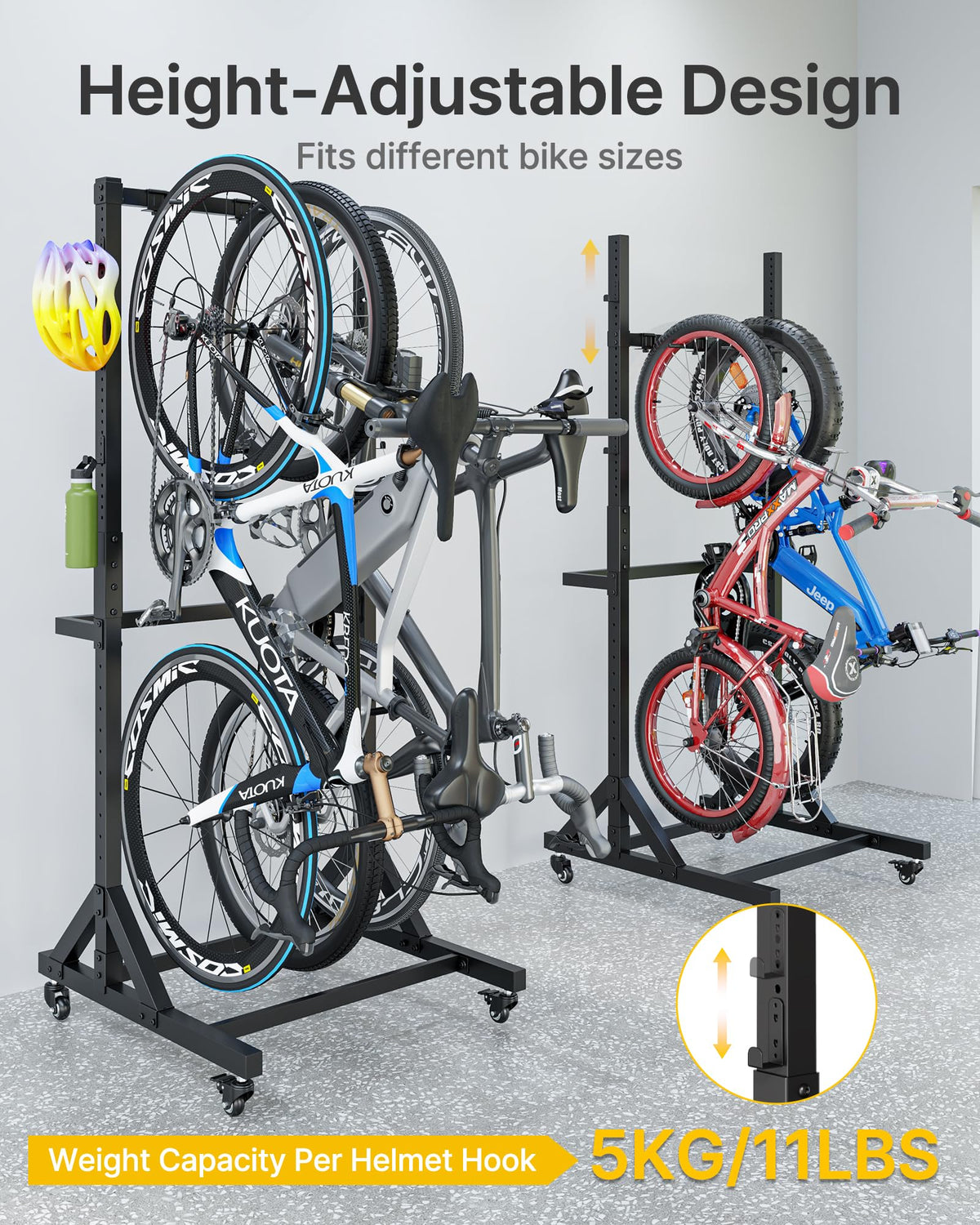 Freestanding Bike Storage Rack with Wheels for 3 Bikes J621567