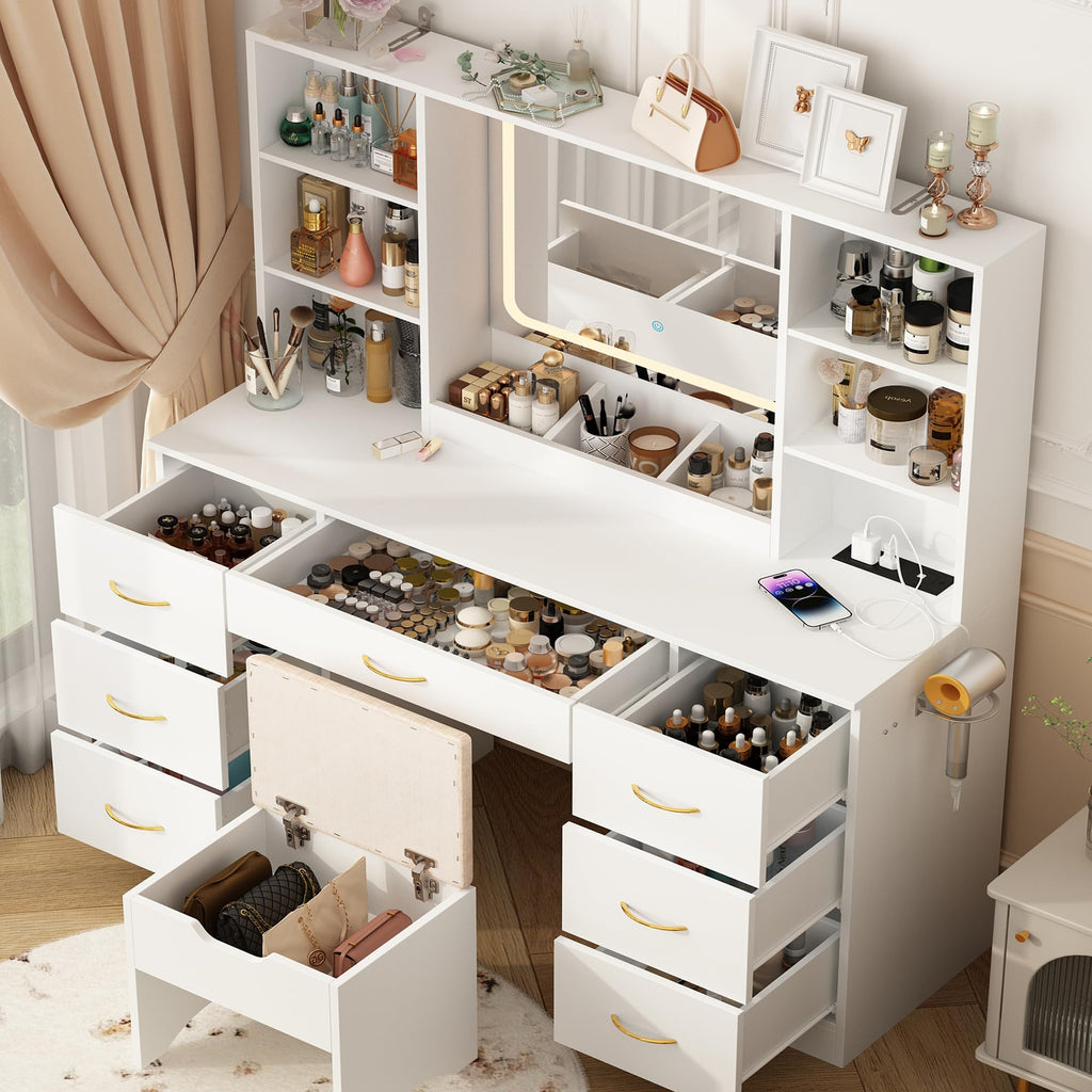 47" White Vanity Desk with Mirror and Lights I727
