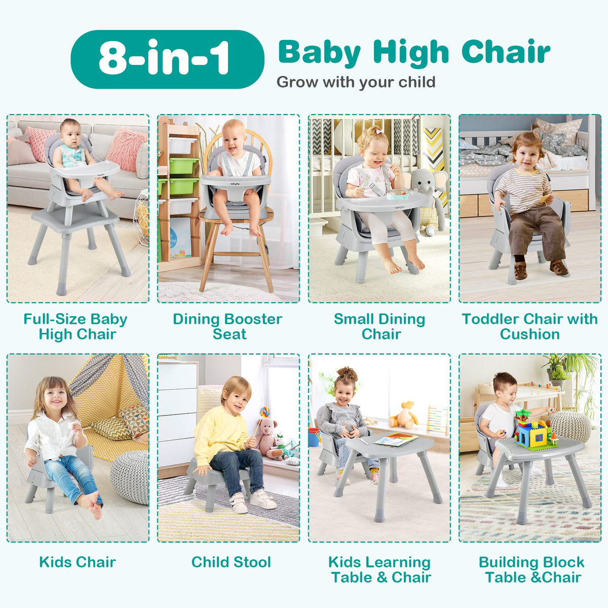 8 in 1 Convertible High Chair with Removable Tray I672