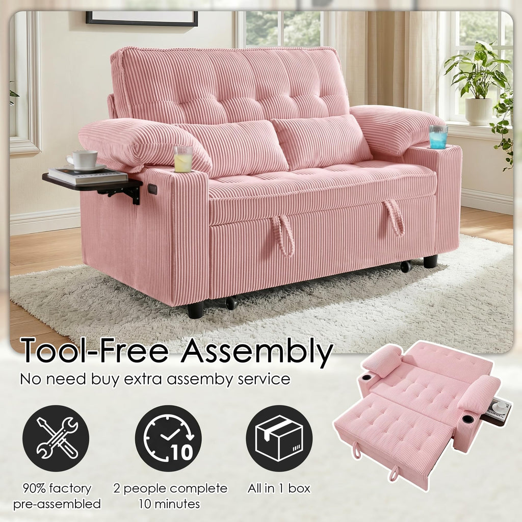 Pink Corduroy Full Size Sleeper Sofa Bed Z5340