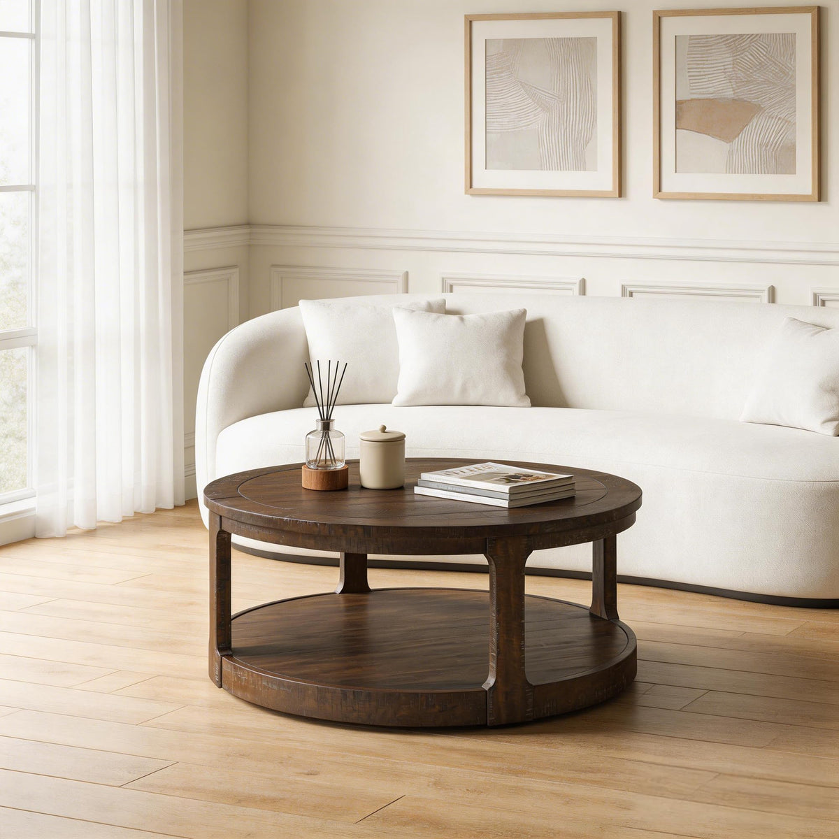 40" Round 2 Tier Solid Wood Coffee Table with Wheels O6172