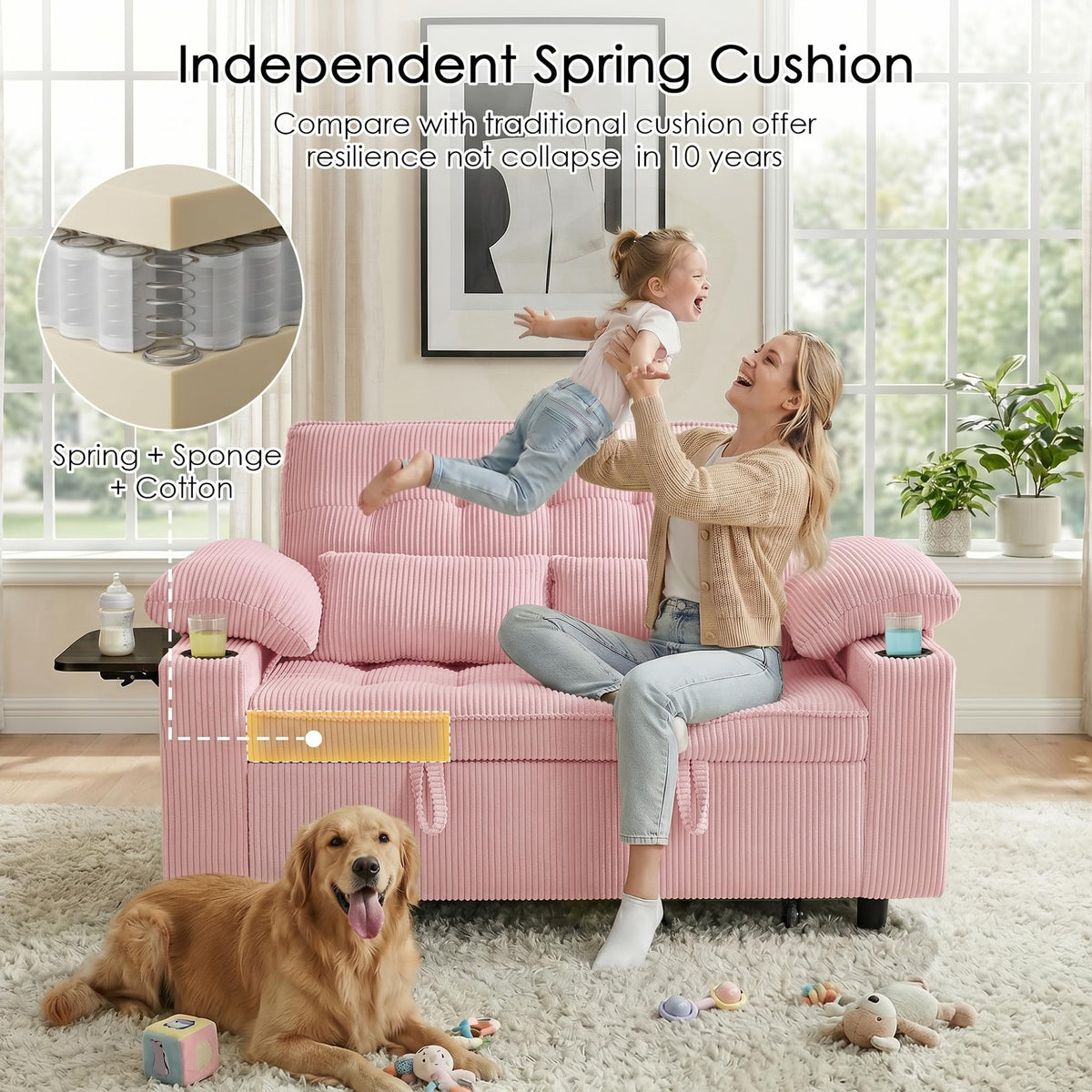 Pink Corduroy Full Size Sleeper Sofa Bed Z5340