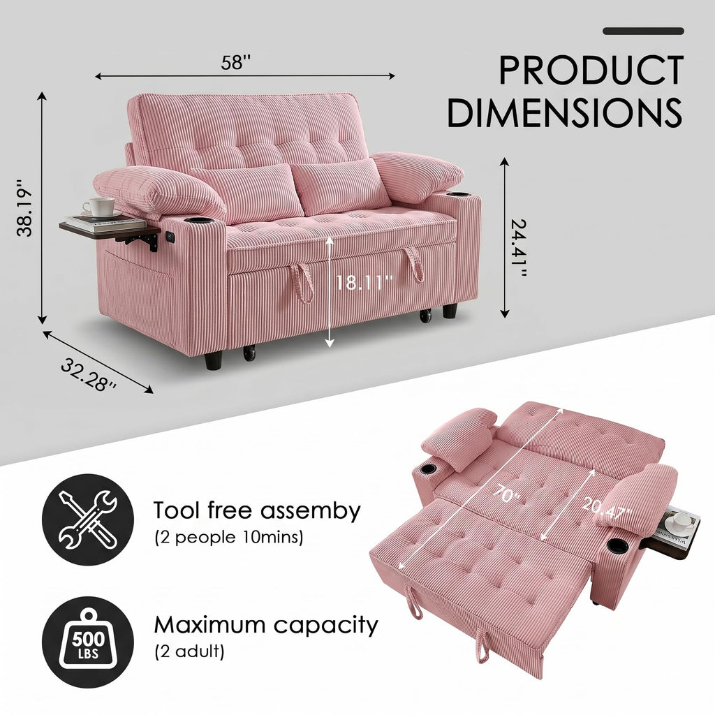 Pink Corduroy Full Size Sleeper Sofa Bed Z5340