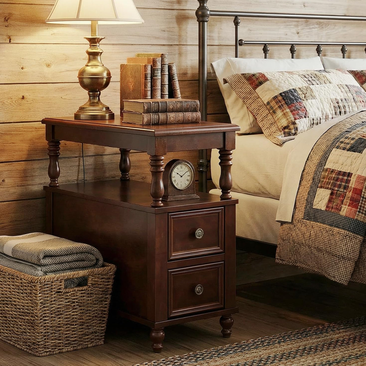 Cherry Finish Wood End Table with 2 Drawers E1144