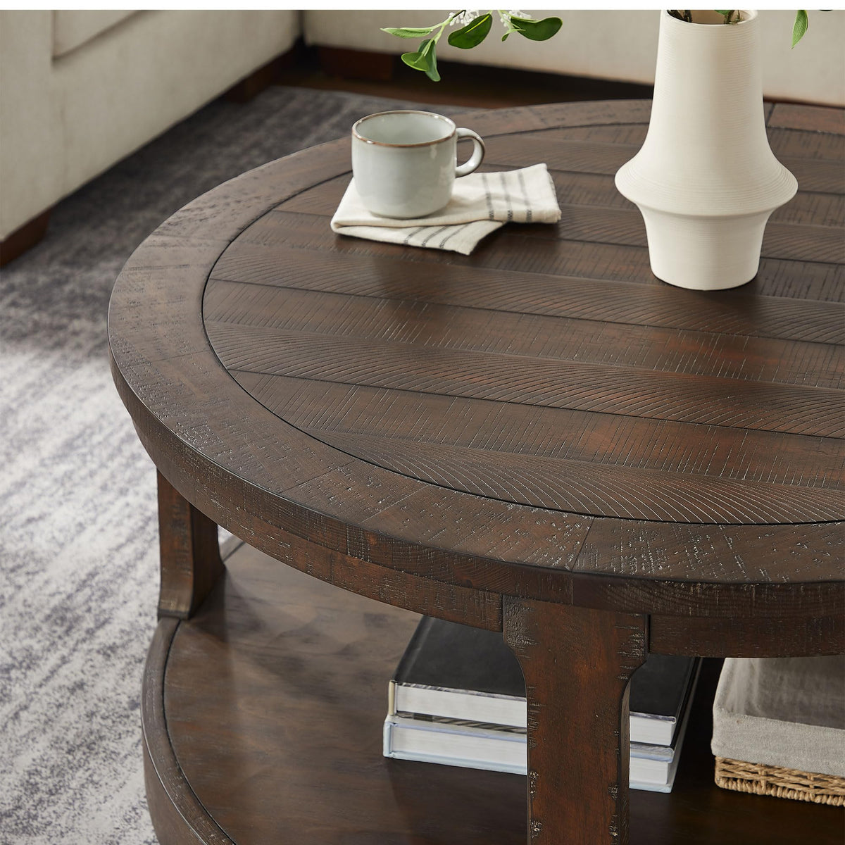 40" Round 2 Tier Solid Wood Coffee Table with Wheels O6172