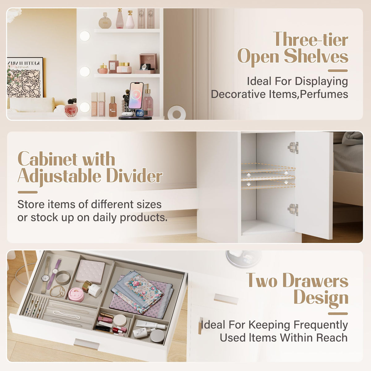 White Vanity Desk with Mirror & Charging Station Q369