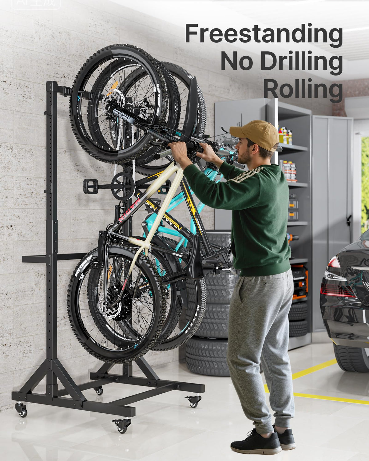 Freestanding Bike Storage Rack with Wheels for 3 Bikes J621567