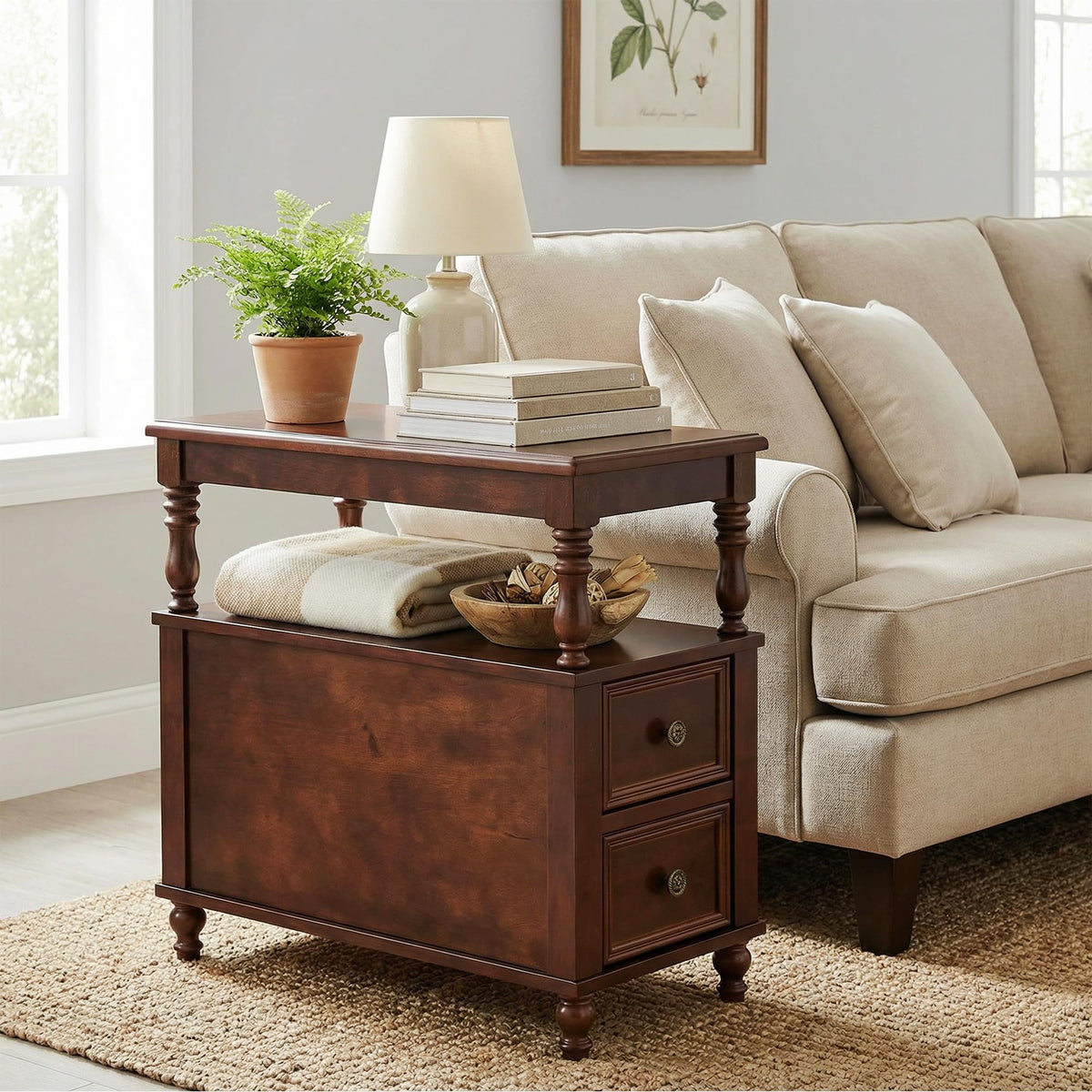 Cherry Finish Wood End Table with 2 Drawers E1144