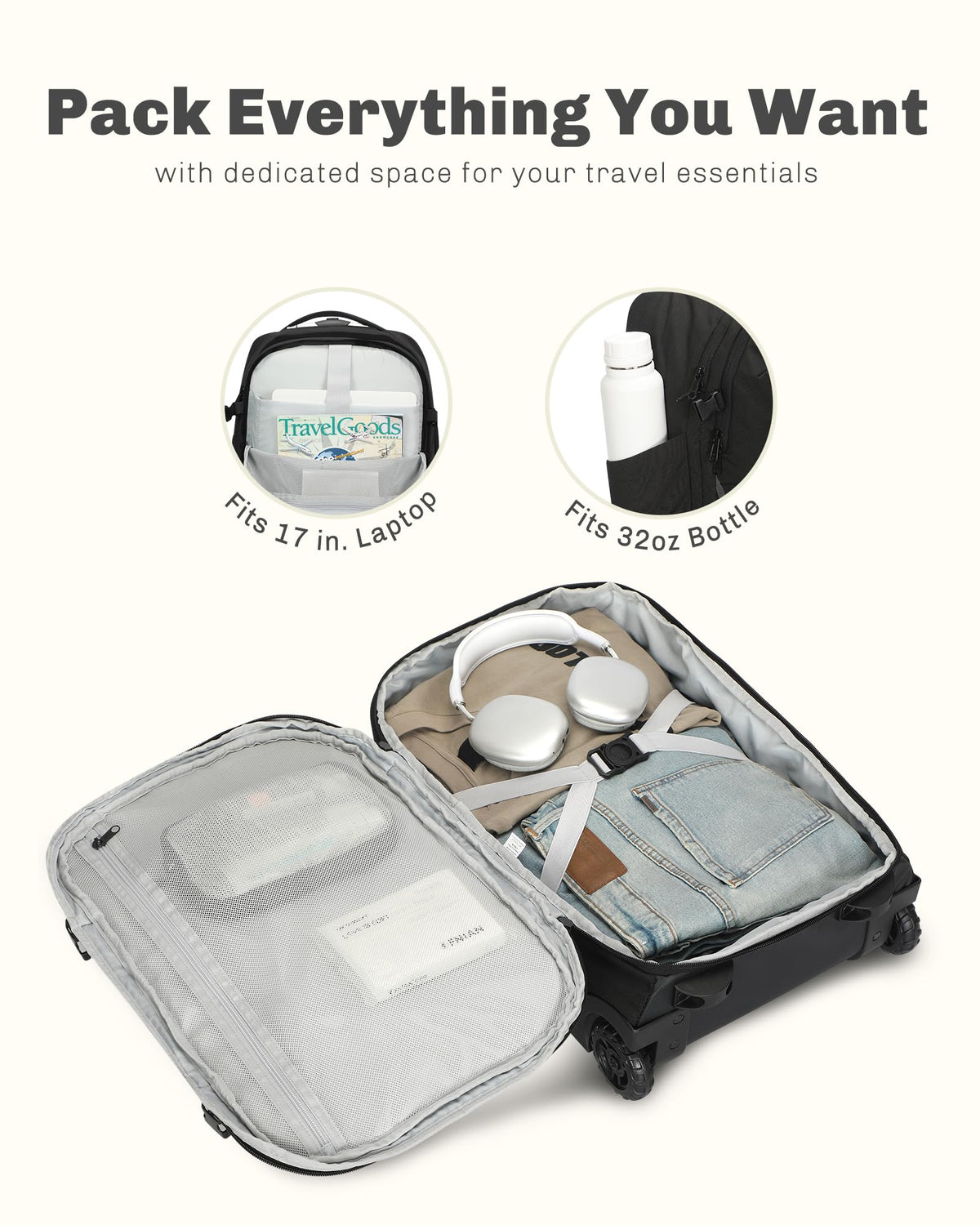 Rolling Backpack with Wheels 43L Jet Black V952383