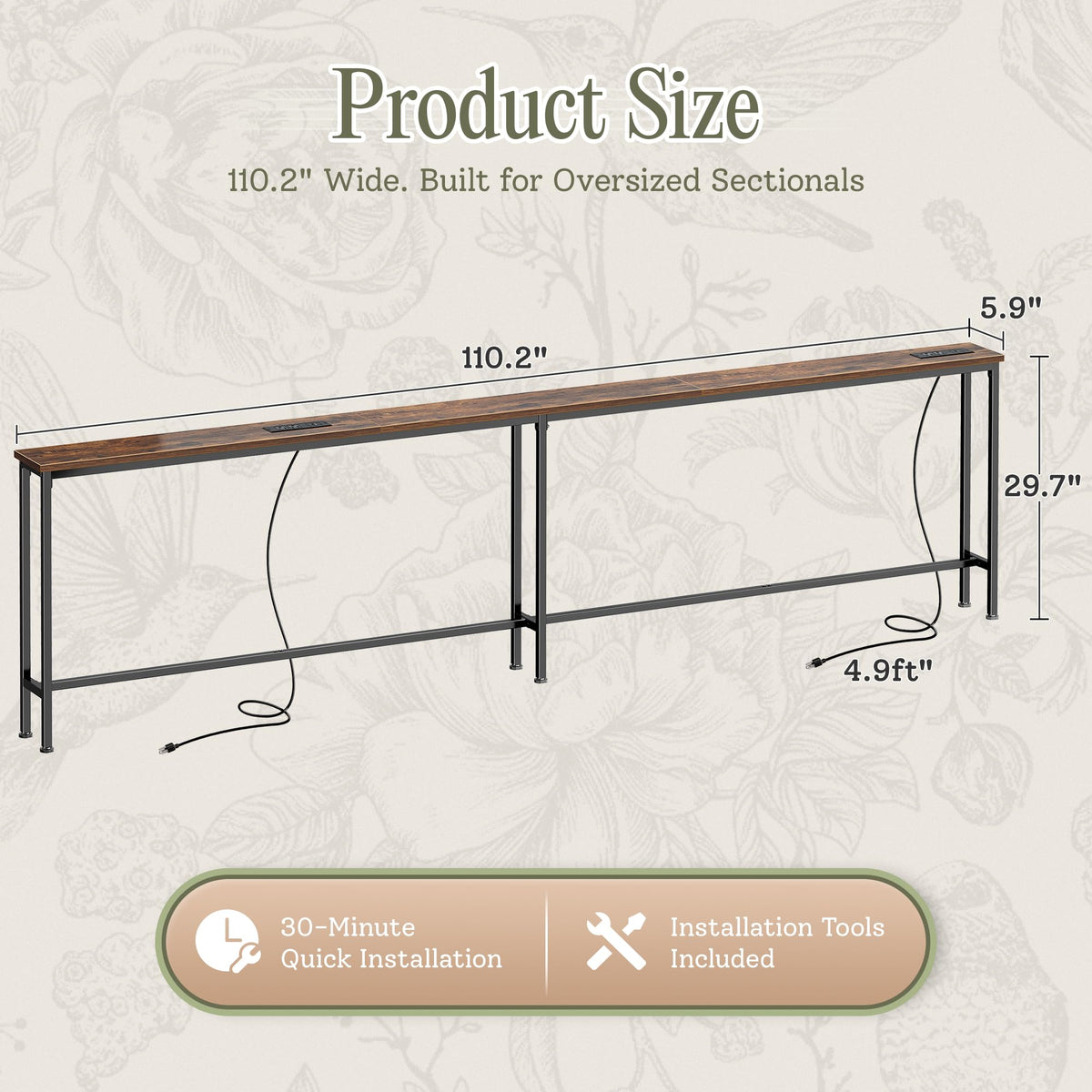 110.2 Inch Narrow Sofa Table with Power Outlets and USB-C Ports C633