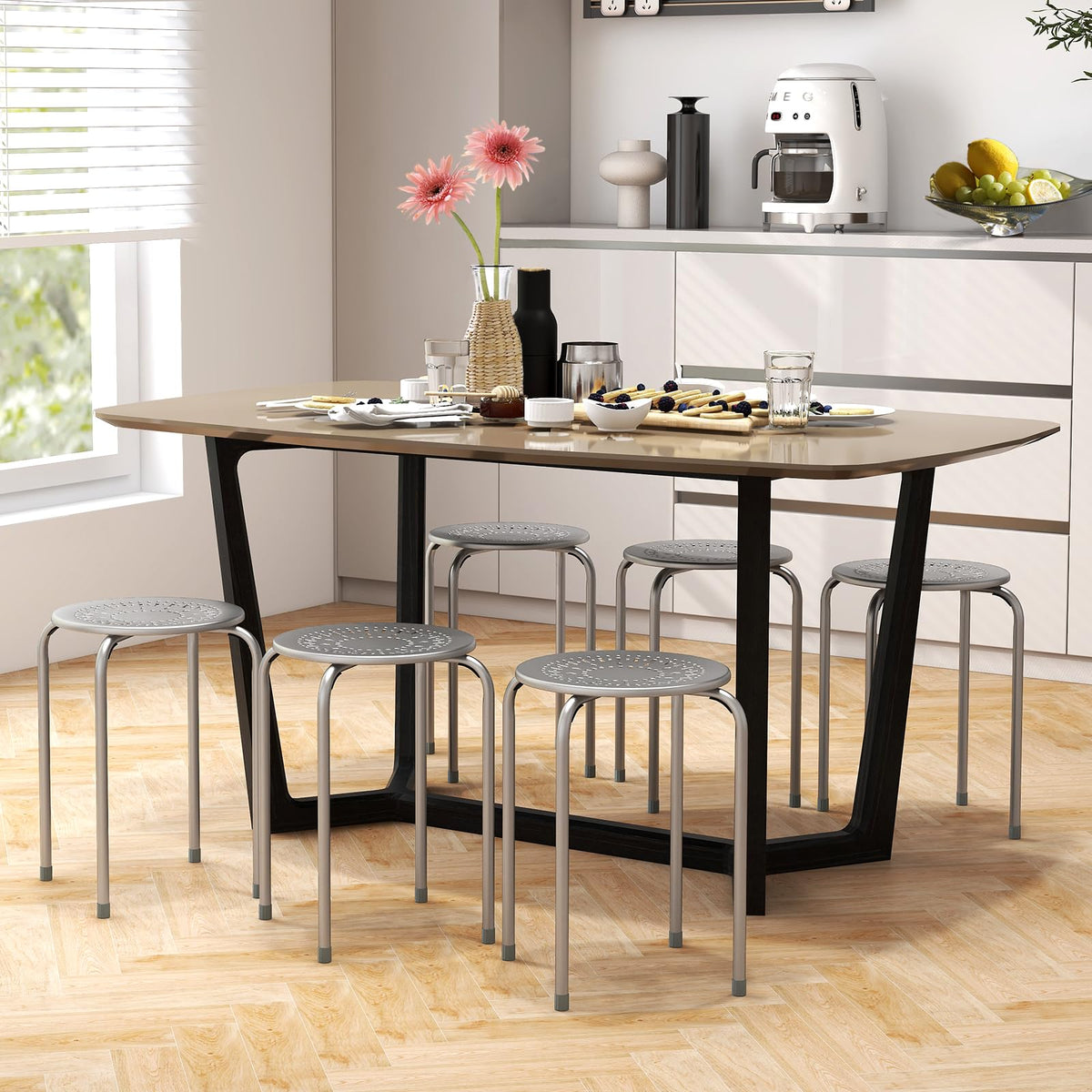 Grey 6 Pack Stackable Metal Stools Q849585
