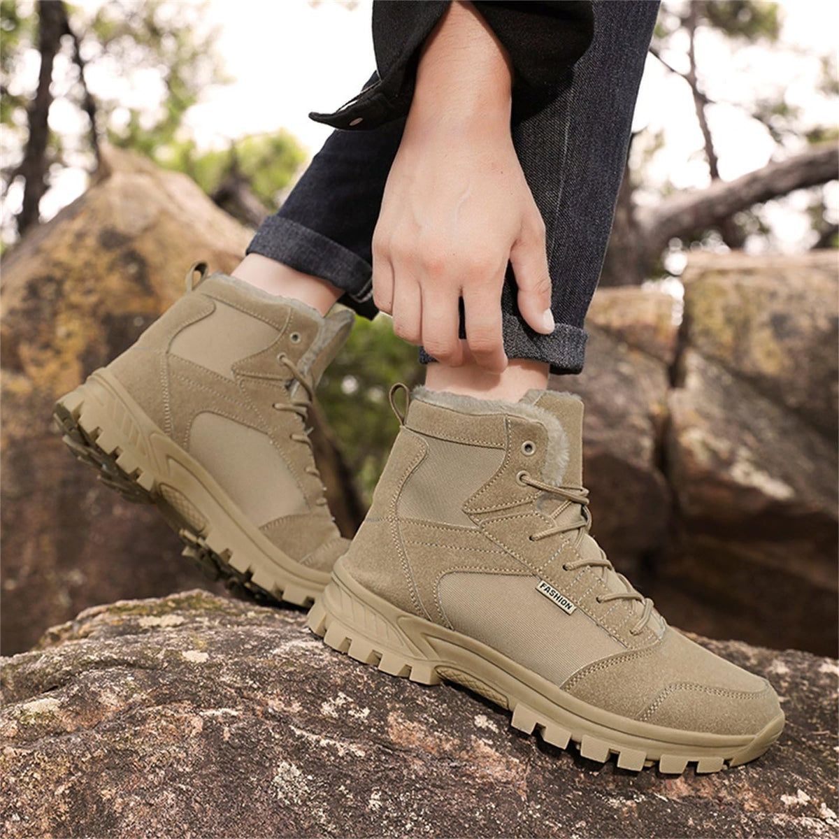 Mid Top Fur Lined Suede Leather Waterproof Military Tactical Boots J91838