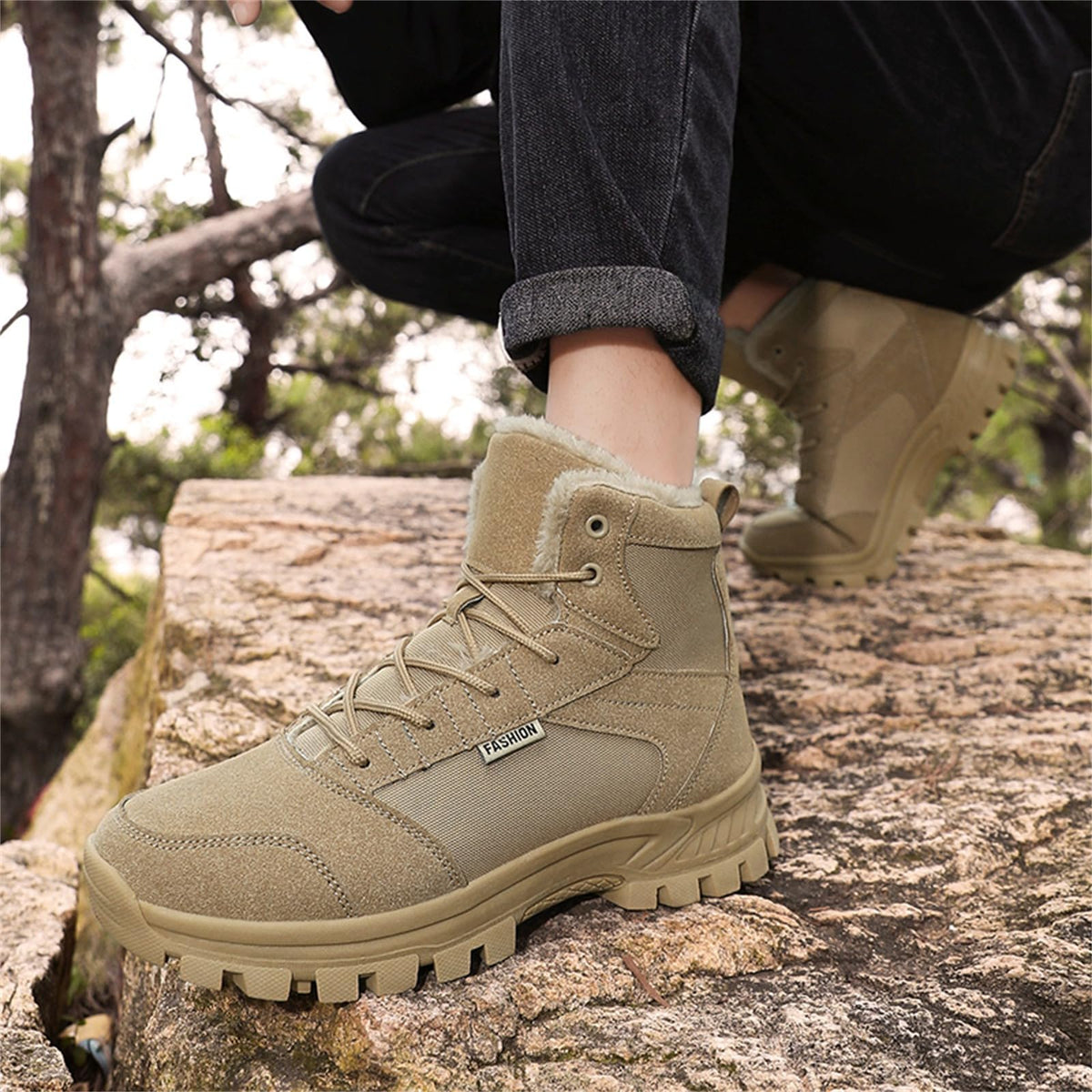 Mid Top Fur Lined Suede Leather Waterproof Military Tactical Boots J91838