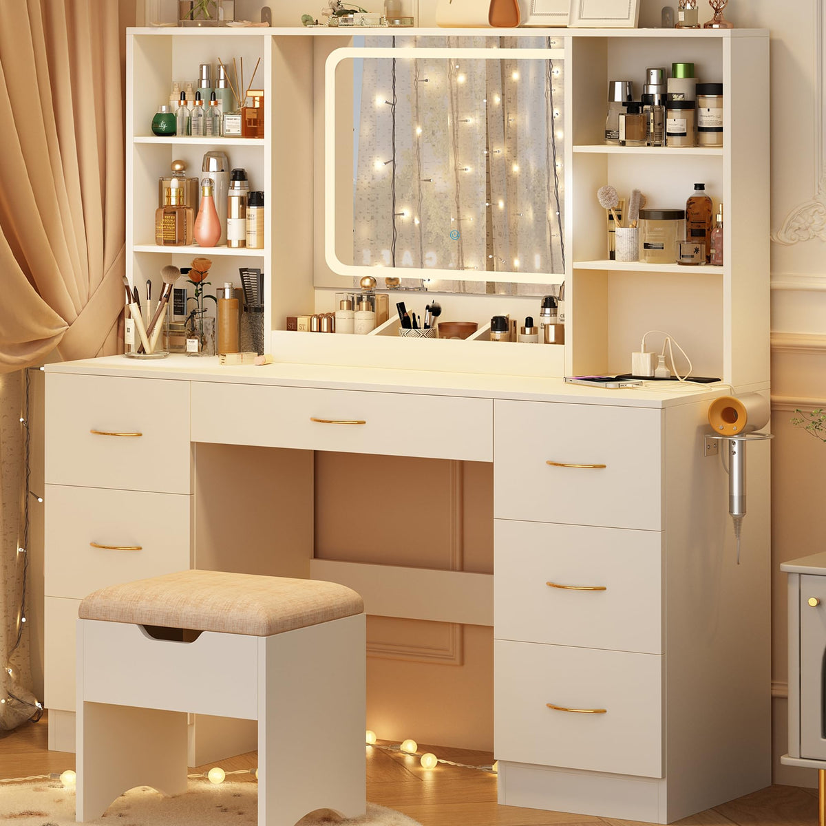 47" White Vanity Desk with Mirror and Lights I727