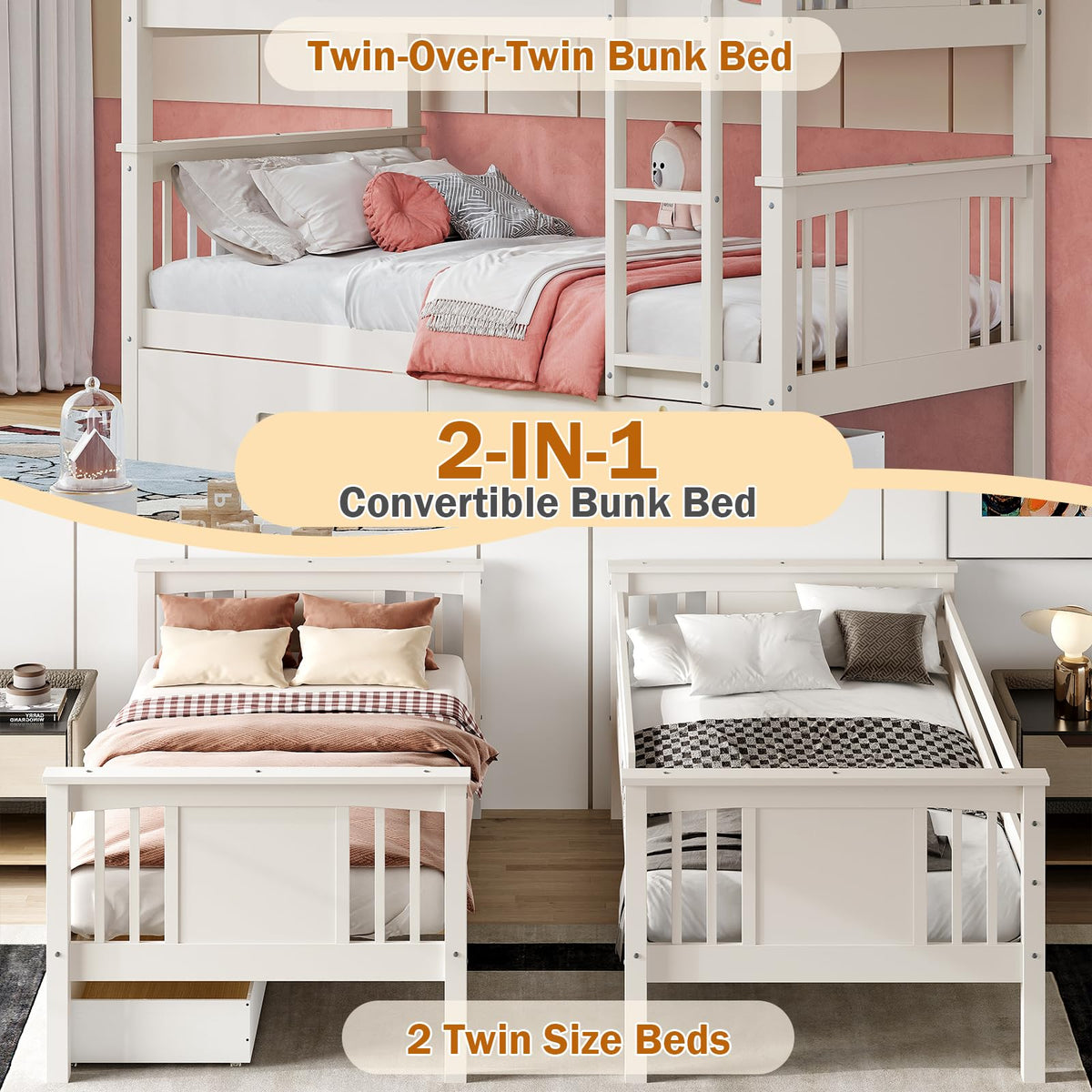 Solid Wood Twin-Over-Twin Bunk Bed with 2 Storage Drawers U13472