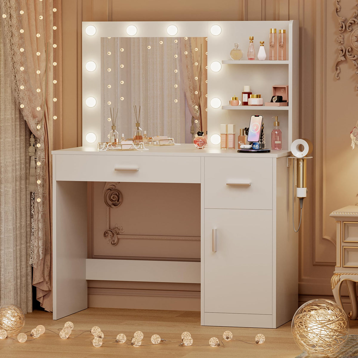 White Vanity Desk with Mirror & Charging Station Q369