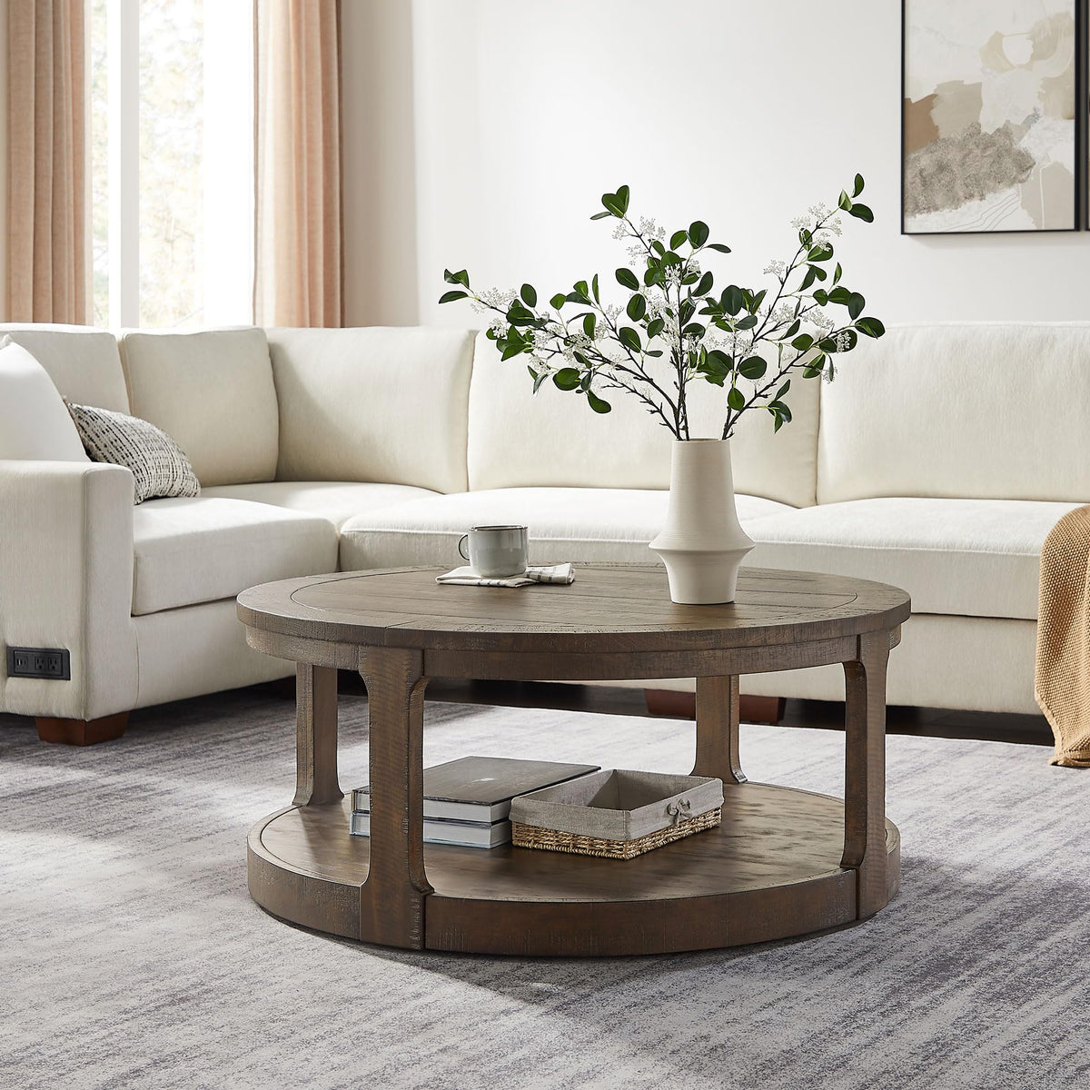 40" Round 2 Tier Solid Wood Coffee Table with Wheels O6172