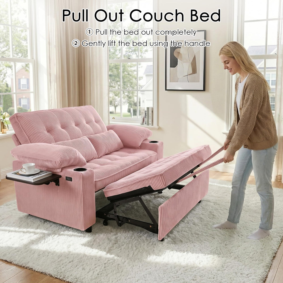 Pink Corduroy Full Size Sleeper Sofa Bed Z5340