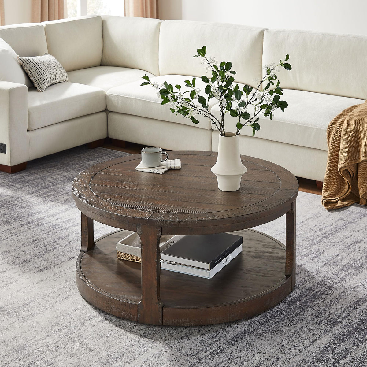 40" Round 2 Tier Solid Wood Coffee Table with Wheels O6172