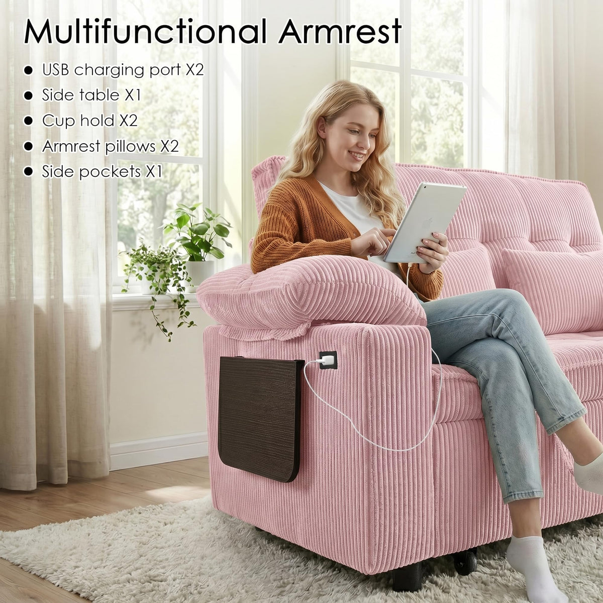 Pink Corduroy Full Size Sleeper Sofa Bed Z5340
