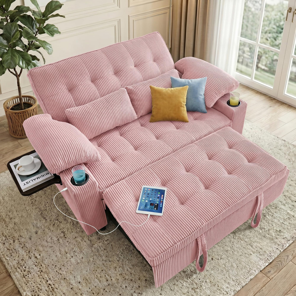 Pink Corduroy Full Size Sleeper Sofa Bed Z5340