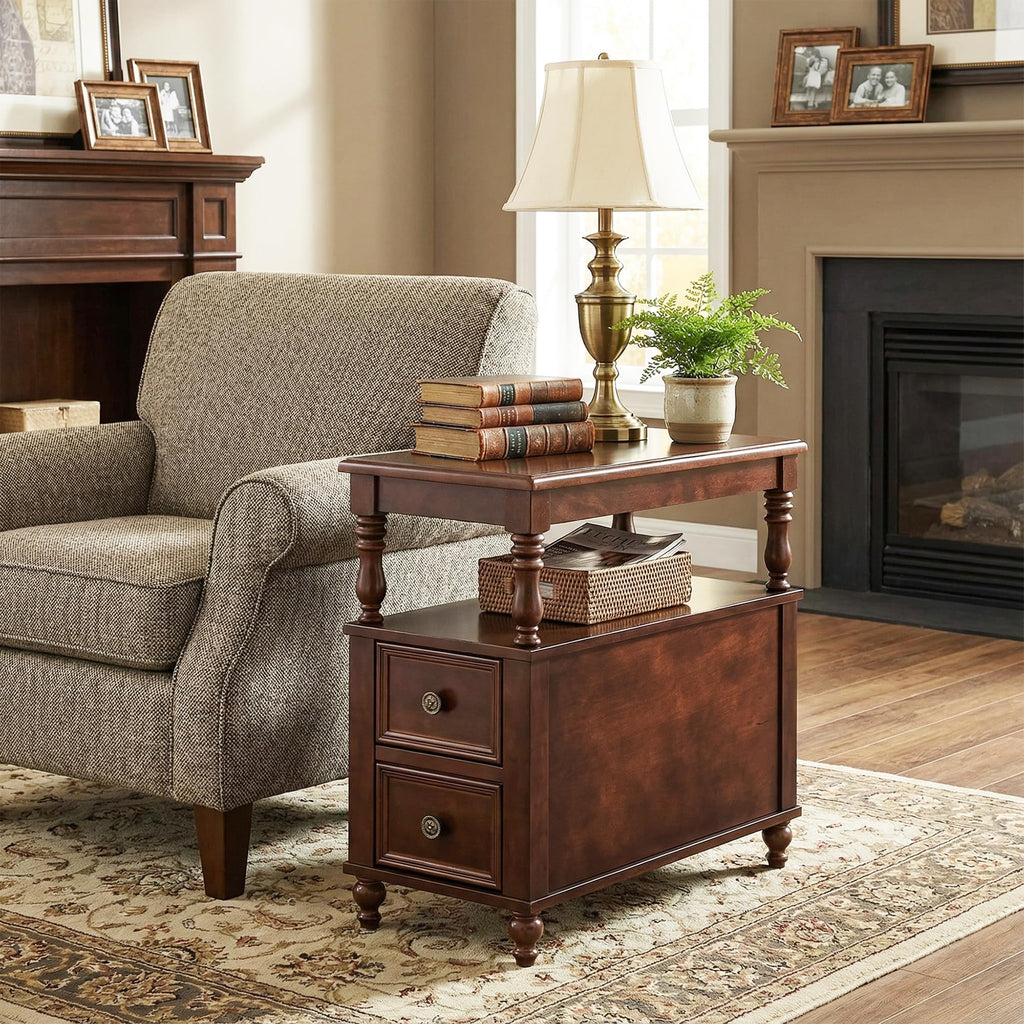 Cherry Finish Wood End Table with 2 Drawers E1144