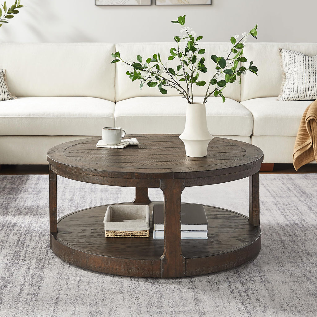 40" Round 2 Tier Solid Wood Coffee Table with Wheels O6172