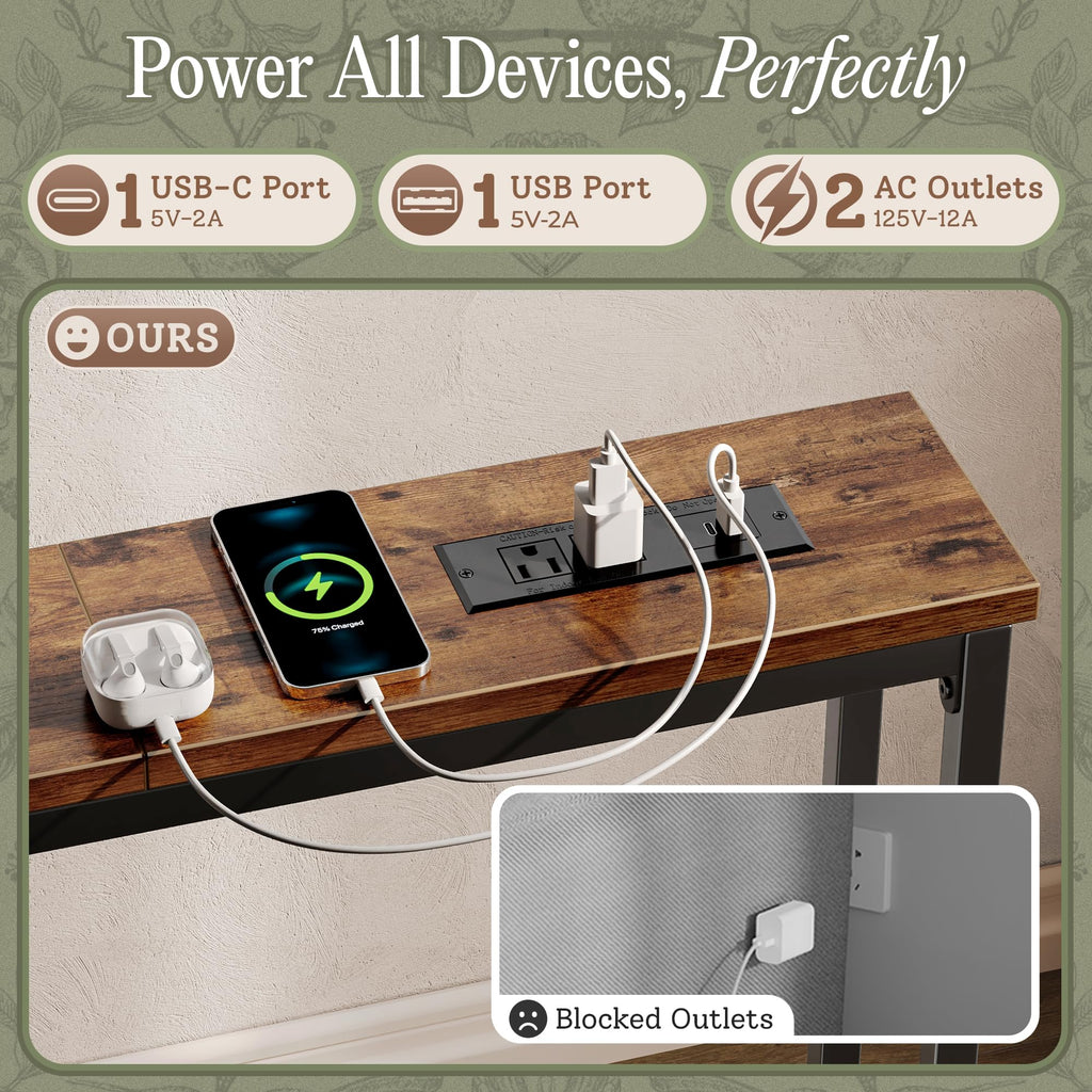 110.2 Inch Narrow Sofa Table with Power Outlets and USB-C Ports C633