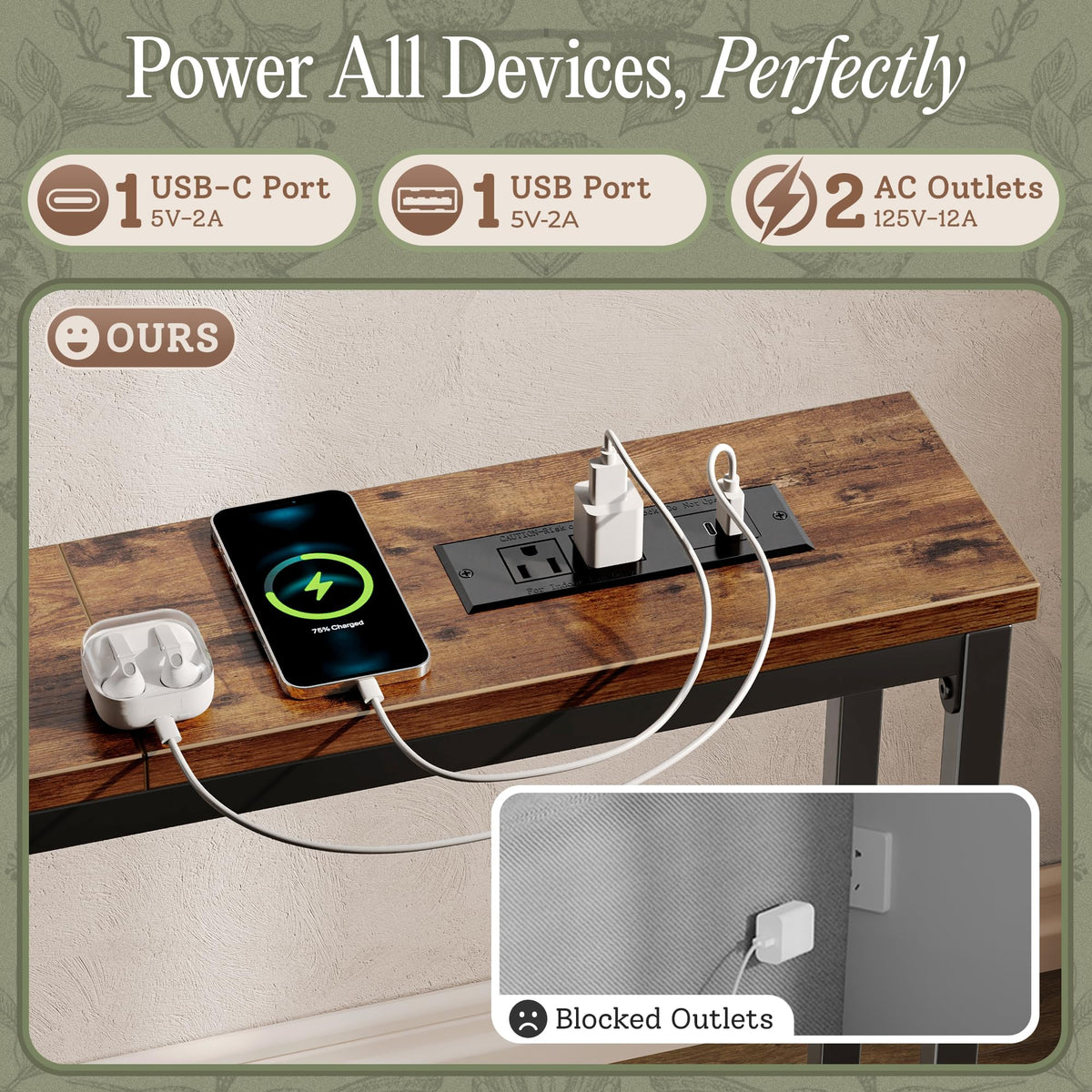 110.2 Inch Narrow Sofa Table with Power Outlets and USB-C Ports C633