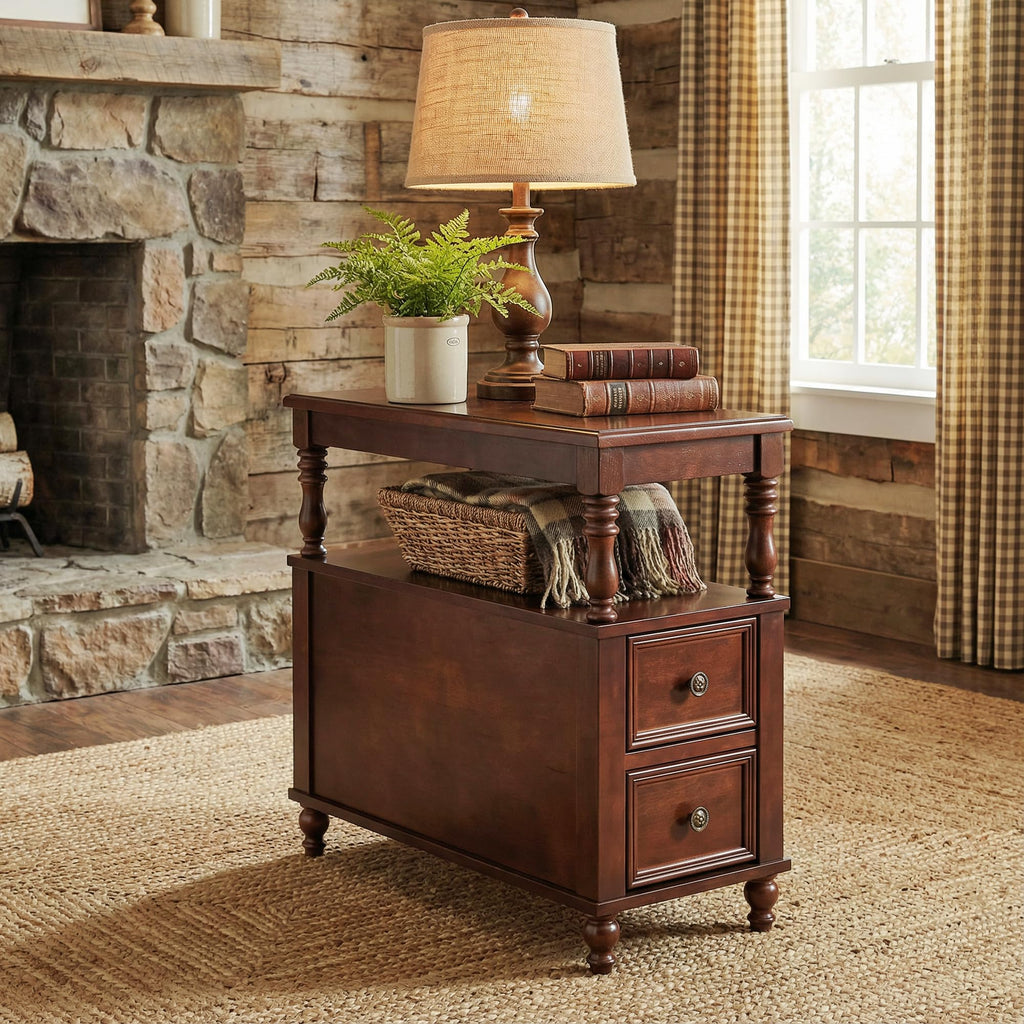 Cherry Finish Wood End Table with 2 Drawers E1144
